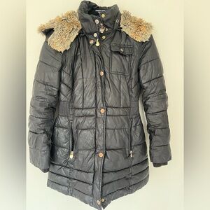 Laundry By Design Black Puffer Jacket Removable Faux Fur Hood Women’s Size Small